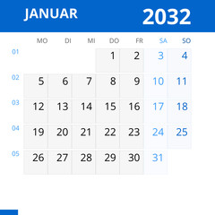 Monatskalender JANUAR 2032 mit Kalenderwoche in der Farbe blau