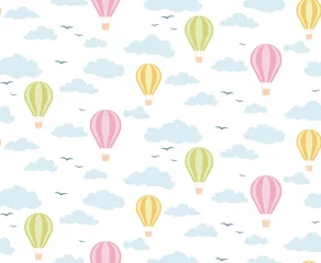 Peel and stick wall murals Air balloon Seamless pattern balloons in the clouds, light shades.