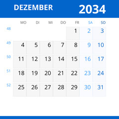 Monatskalender DEZEMBER 2034 mit Kalenderwoche in der Farbe blau