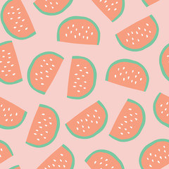 Watermelon slices background. Vector seamless pattern with illustrated fruits isolated on pink. Food illustration. Use for card, menu cover, web pages, page fill, packaging, farmers market, fabric.