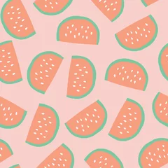 Fotobehang Watermelon slices background. Vector seamless pattern with illustrated fruits isolated on pink. Food illustration. Use for card, menu cover, web pages, page fill, packaging, farmers market, fabric. © StockArtRoom