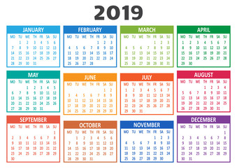 Colorful calendar 2019. Week starts from Monday. Illustration