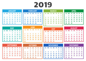Colorful calendar 2019. Week starts from Sunday. Illustration