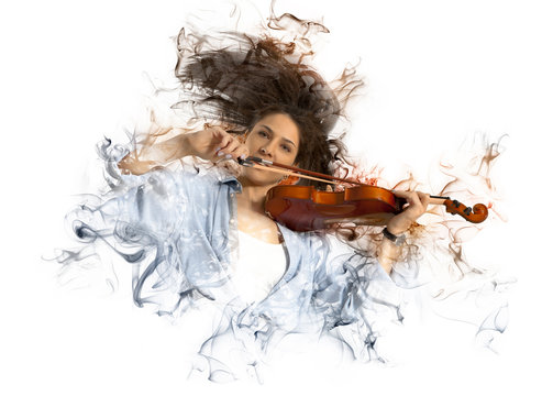 Woman playing violin on smoke background