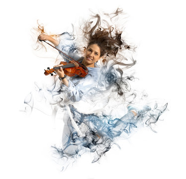 Woman playing violin on smoke background