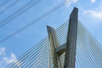 Close-up of cable-stayed bridge, view from below
