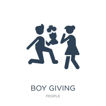 Boy Giving Flowers To His Girlfriend Icon Vector On White Backgr