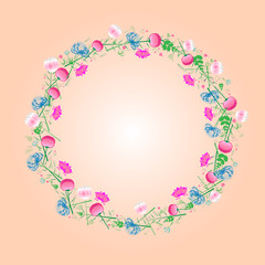 Easter wreath made of blue knapweed and pink flowers tulips and  dandelions