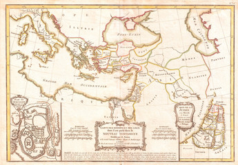 Fototapeta na wymiar 1771, Bonne Map of the New Testament Lands, w- Holy Land and Jerusalem, Rigobert Bonne 1727 – 1794, one of the most important cartographers of the late 18th century