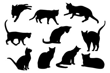 Set of ten cats silhouettes on white background