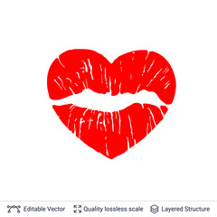 Heart shaped red lips print isolated on white.
