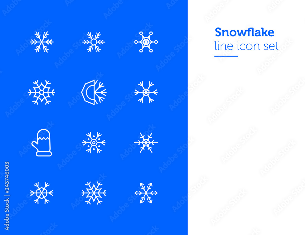 Poster snowflake line icon set. set of line icons on white background. snowflake, frosted pattern, mitten. 