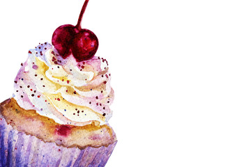 cupcake with cherry watercolor. background