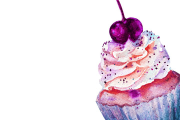 cupcake with cherry watercolor. background