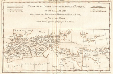 1780, Bonne Map of North Africa and the Western Mediterranean, Barbary Coast, Rigobert Bonne 1727 – 1794, one of the most important cartographers of the late 18th century