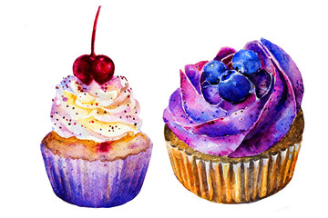 Blueberry cake watercolor. cupcake with cherry. background