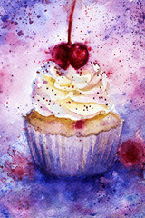 cupcake with cherry watercolor. background