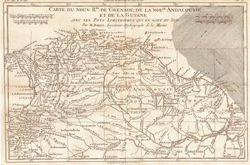 Fototapeta na wymiar 1780, Bonne Map of Northern South America, Columbia, Venezuela, Brazil, Rigobert Bonne 1727 – 1794, one of the most important cartographers of the late 18th century