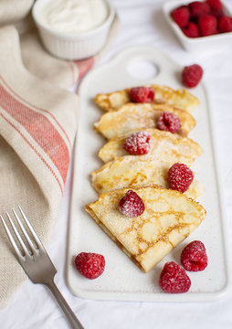 Homemade Pancakes with Raspberry and Cream Easy Food Concept Breakfast 