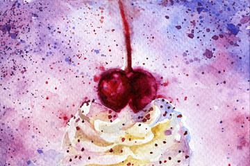 cupcake with cherry watercolor. background