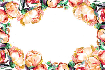 peonies watercolor. background. frame