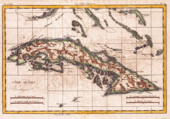 1780, Raynal and Bonne Map of Cuba, West Indies, Rigobert Bonne 1727 – 1794, one of the most important cartographers of the late 18th century