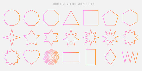Thin line vector shapes icon set. circle, square, triangle, polygon, star, heart, spiral, rhombus, zigzag outline figures in the popular pink color gradient. 