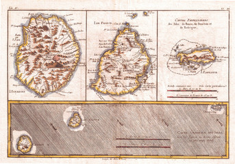 1780, Raynal and Bonne Map of Mascarene Islands, Reunion, Mauritius, Bourbon, Rigobert Bonne 1727 – 1794, one of the most important cartographers of the late 18th century