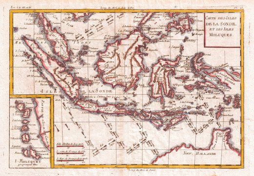 1780, Raynal and Bonne Map of the East Indies, Singapore, Java, Sumatra, Borneo, Rigobert Bonne 1727 &ndash; 1794, one of the most important cartographers of the late 18th century