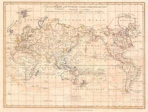 1799, Cruttwell Map of the World on Mercator's Projection