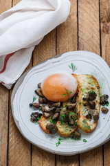 Sous vide egg with bread and wild mushrooms, copy space