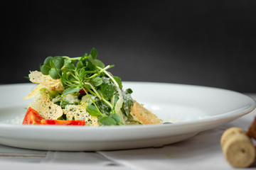 vegetarian green salad with croutons on dark background, copy space