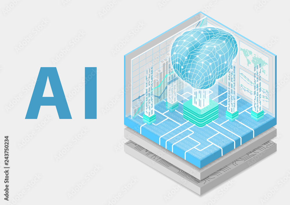 Poster artificial intelligence concept with digital brain as isometric vector illustration