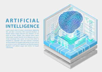 Artificial Intelligence concept with digital brain as isometric vector illustration