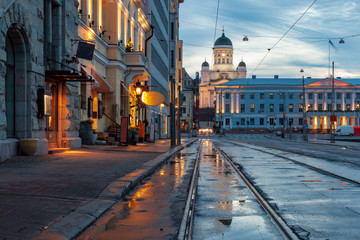 View of Helsinki, Finland after the rain in the early spring morning