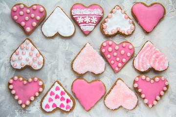 Gingerbread cookies with pink glaze Valentine's Day