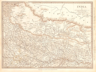 Fototapeta na wymiar 1834, S.D.U.K. Map of North India, Nepal, and Allahabad