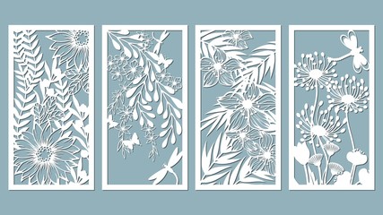 Set template for laser cutting and Plotter. Flowers, leaves for decoration. Vector illustration. Sticker set. Pattern for the laser cut, serigraphy, plotter and screen printing. - obrazy, fototapety, plakaty
