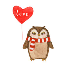 Watercolor owl character with heart balloon