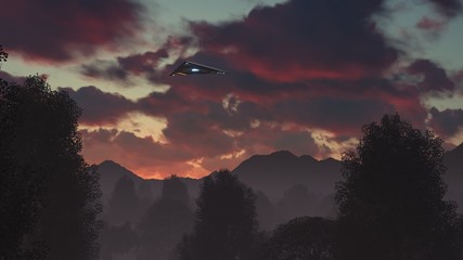 3D triangular ufo hung in the sky in the evening