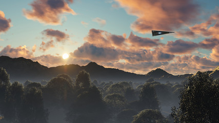 3D triangular ufo hung in the sky in the evening