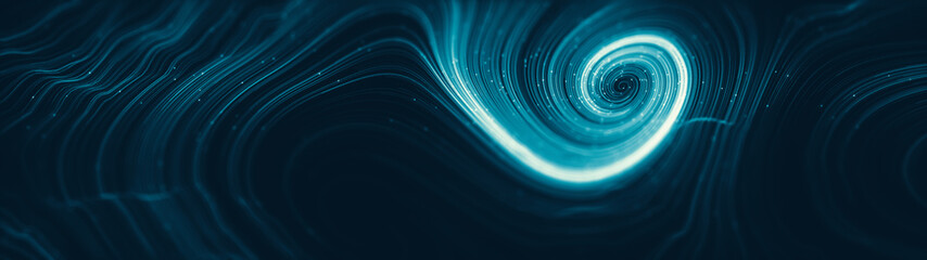 Abstract creative modern ultra wide background. Neon glowing twisted cosmic lines. Beautiful swirls, bright turbulence curls. Smooth astronomy vortex structure. 3d rendering