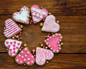 Gingerbread cookies with pink glaze Valentine's Day