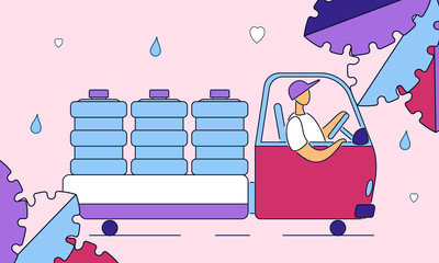 Colorful modern flat cartoon characters business delivery,preservation,analysis,clean water production concept.Flat style outline character truck driver work-deliver,transport water bottles