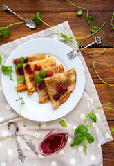 Breakfast at home Pancakes with jam and mint Vintage