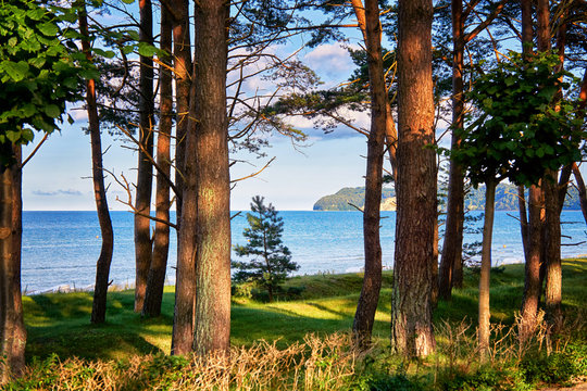View from the promenade in Binz to the Baltic Sea and the cliff in Sellin. Pomerania, Germany