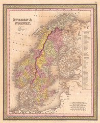 1850, Mitchell Map of Scandinavia, Norway, Sweden, Denmark, Finland
