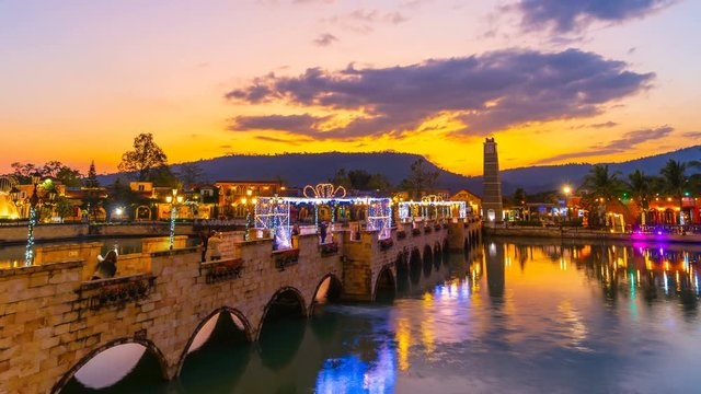 day to night time lapse of The Verona at Tublan, shopping mall Italy style in Prachin Buri, Thailand