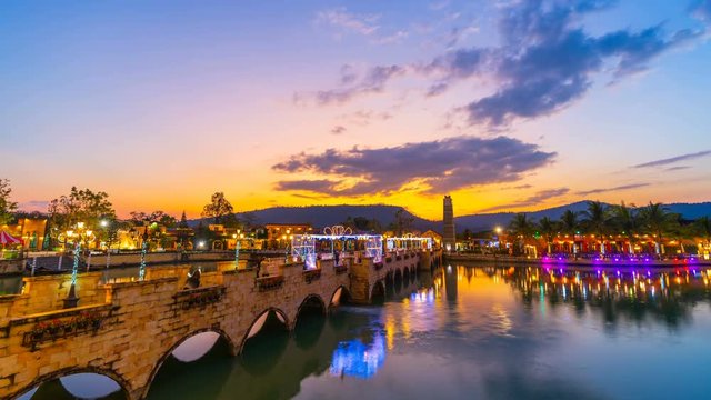 day to night time lapse of The Verona at Tublan, shopping mall Italy style in Prachin Buri, Thailand