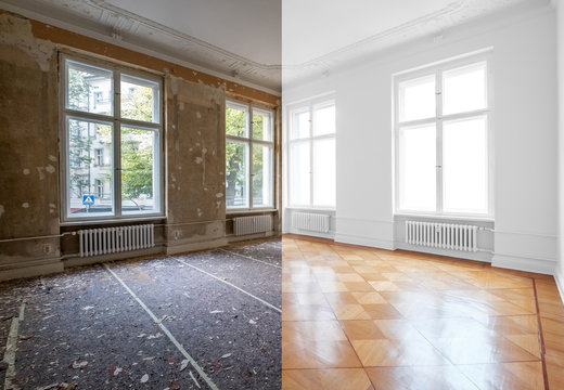 flat renovation, empty room before and after refurbishment or restoration 